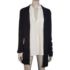 Max Studio Silk Blend Open Front Long Cardigan Womens M Black Rib Knit Collared